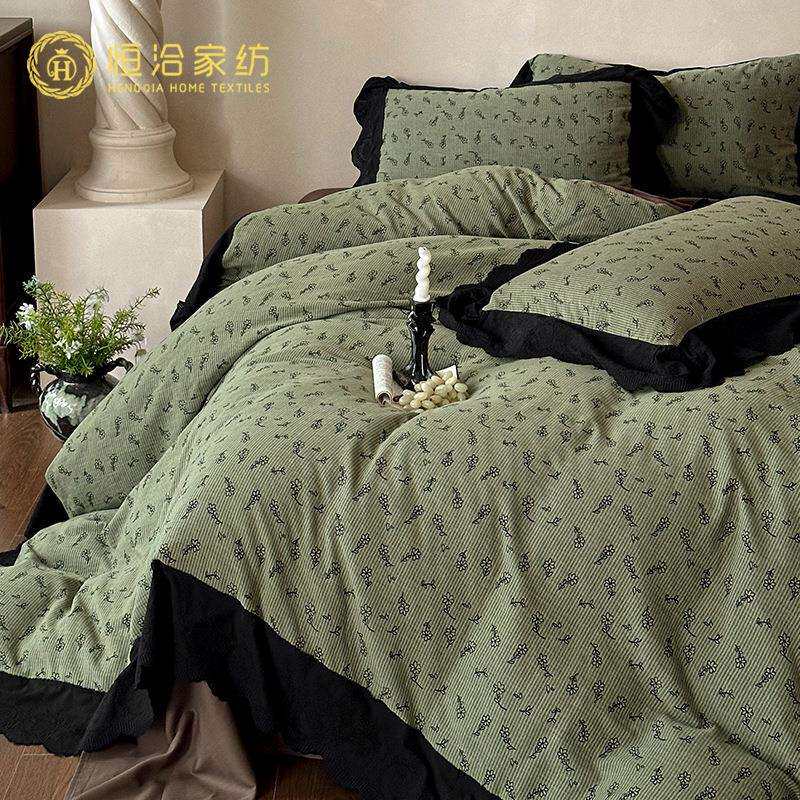 法式复古风全棉双层纱四件套花卉提花韩式荷叶边被套床上用品绿色