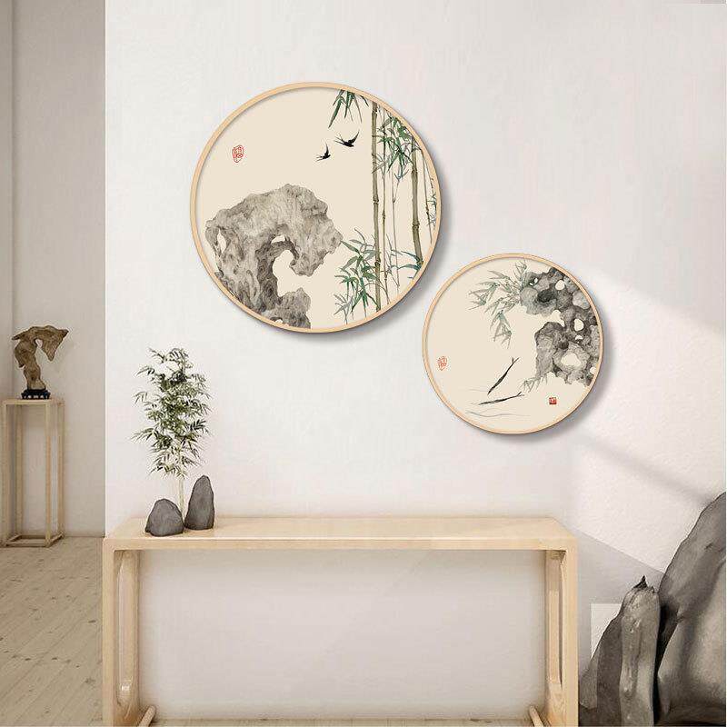 新中式圆形挂画太湖石入户玄关装饰画客厅餐厅书房竹子茶室禅意画