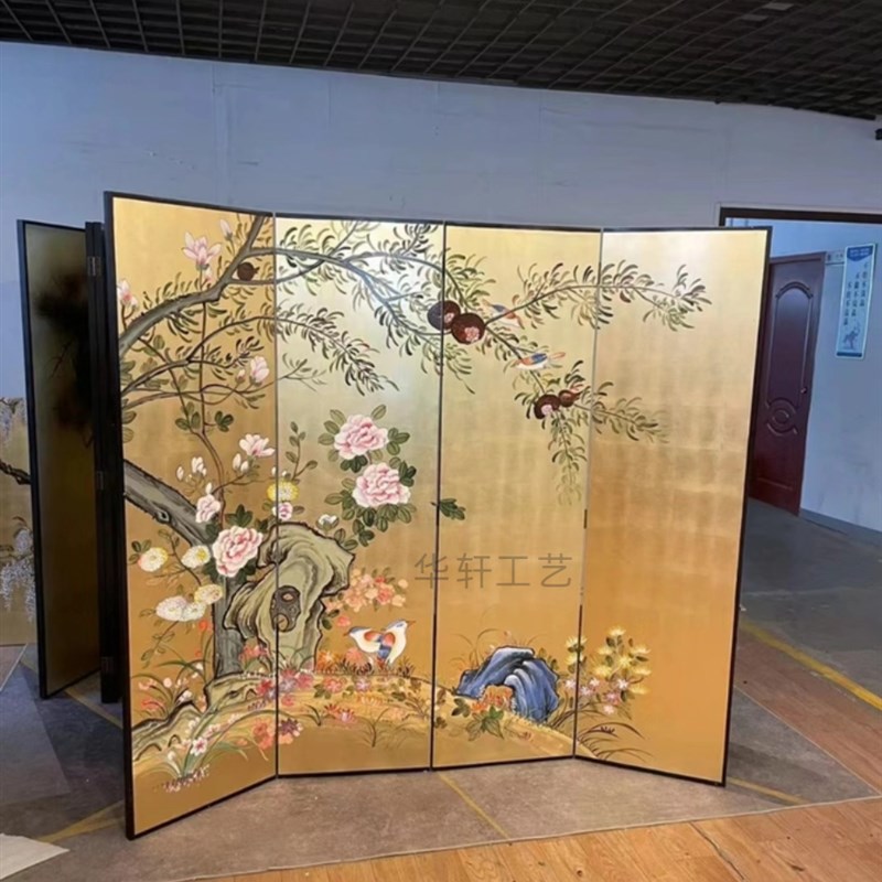 定制摄影背景婚礼屏风折屏金箔隔断玄关中古屏风手绘漆画沙发卧室