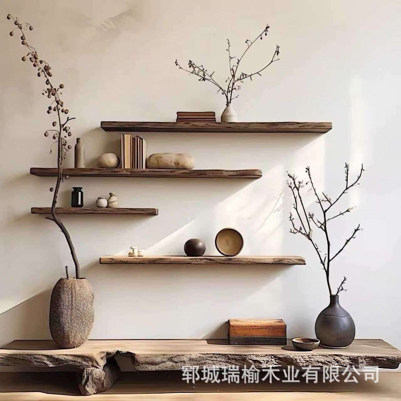 老榆木实木隔板架墙上壁挂花盆景观摆件收纳架客厅民宿酒店装饰架