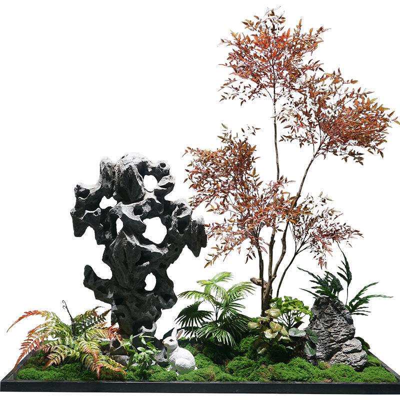 红色仿真南天竹搭配太湖石苔藓绿植室内装饰落地花艺景观搭配造景