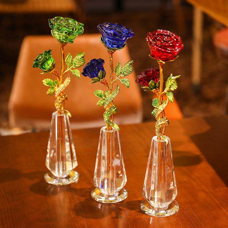 水晶玻璃插玫瑰花摆件花瓶客厅装饰品工艺品桌面创意简约装饰