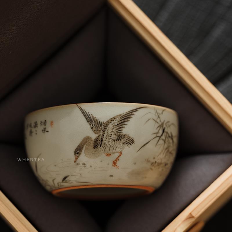 闻说景德镇市纯手绘天青汝窑品茗杯《鸿雁图》晓华制