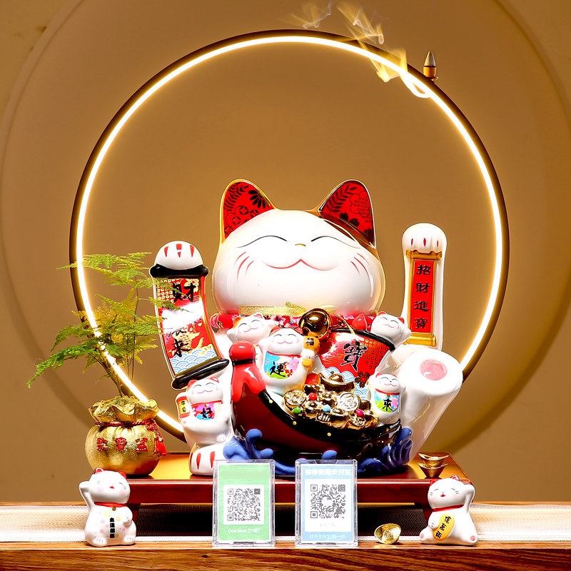 创意摇手招财猫摆件店铺开业礼品收银台家居客厅语音播报自动招手