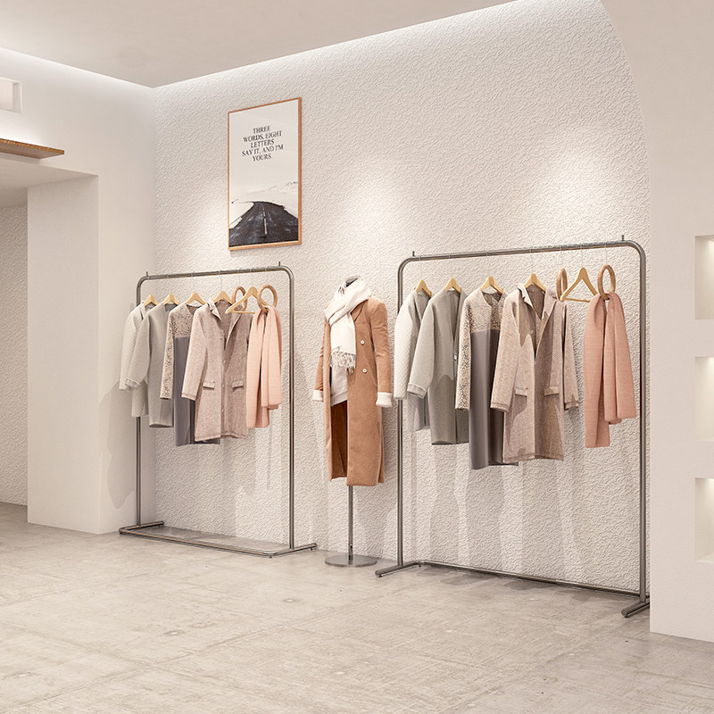 服装店展示架落地简约不锈钢拉丝银色挂衣架女装店铺U型货架童装