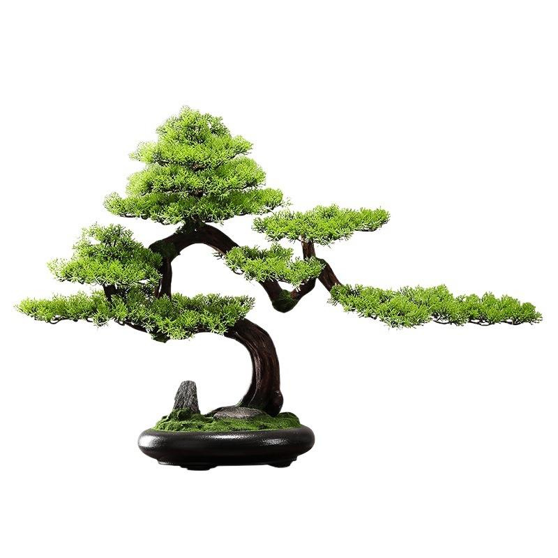 新中式仿真迎客松实木绿植盆景客厅玄关办公室桌面家装饰品摆件