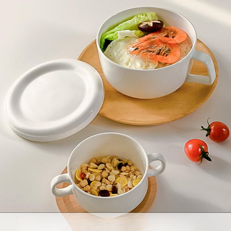 陶瓷饭盒早餐碗带把手的碗食堂打饭饭碗带盖碗宿舍用学生面碗图片