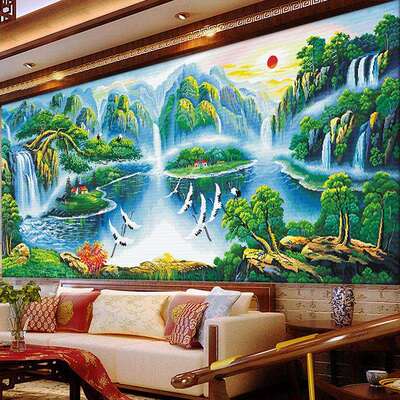 流水生财聚宝盆十字绣山水画中式手工画满绣大幅客厅2020新款线绣