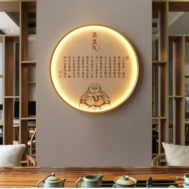 网红 莫生气壁画新中式客厅挂画玄关led带灯墙画圆形墙面装饰画