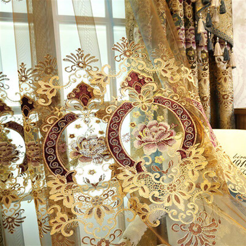 金丝面料提花底布别墅客厅奢华欧式镂空绣花窗帘成品订制高档咖色