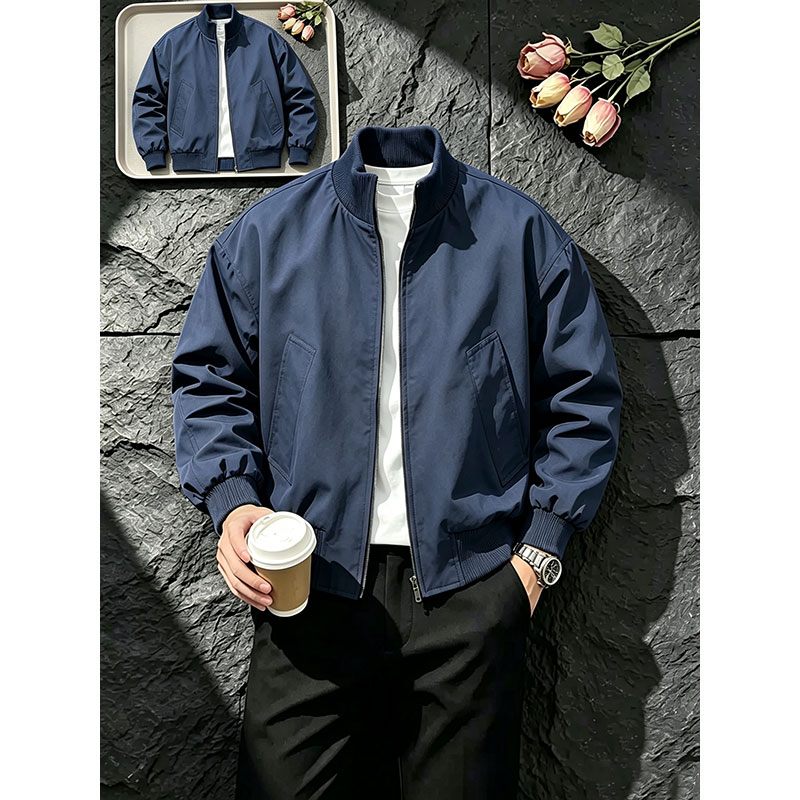 藏青色纯色棒球服男士秋季宽松夹克潮牌立领外套简约休闲百搭上衣