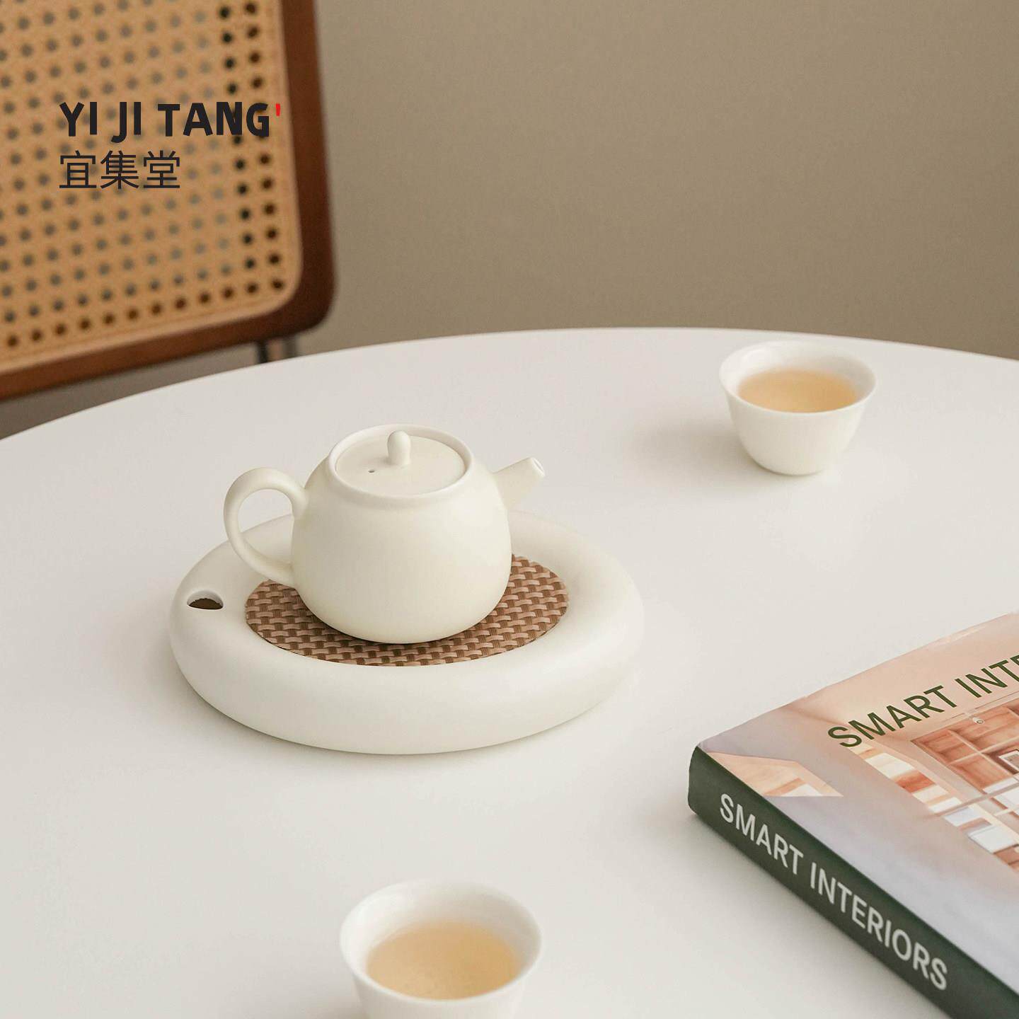 宜集堂胖胖奶致油风茶盘陶瓷壶承盘干台储水泡式小白瓷型精胖胖壶