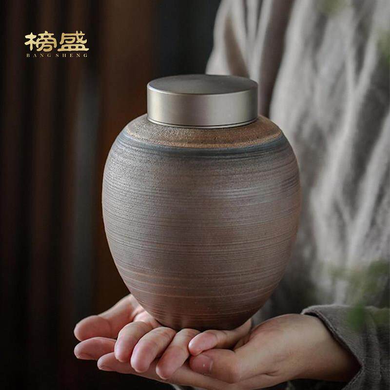 榜盛锡叶盖鎏金茶罐陶锡盖螺纹瓷式手工螺粗陶半斤茶纹仓密封储物