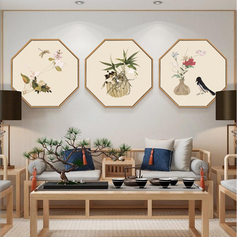新中式花鸟禅意装饰画客厅玄关壁画餐厅茶室中国风古典挂画八边形