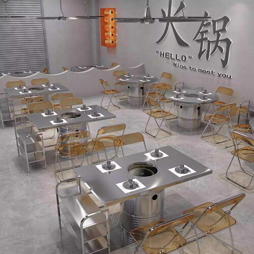 工业风不锈钢火锅烤肉桶餐桌商用韩式油桶火锅桌方形桌椅组合