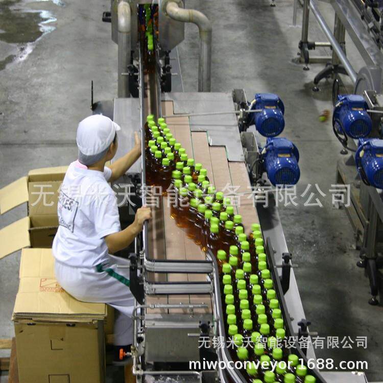 啤酒饮料牛奶生产流水输送线奶粉装直线转弯积放缓存链板输送