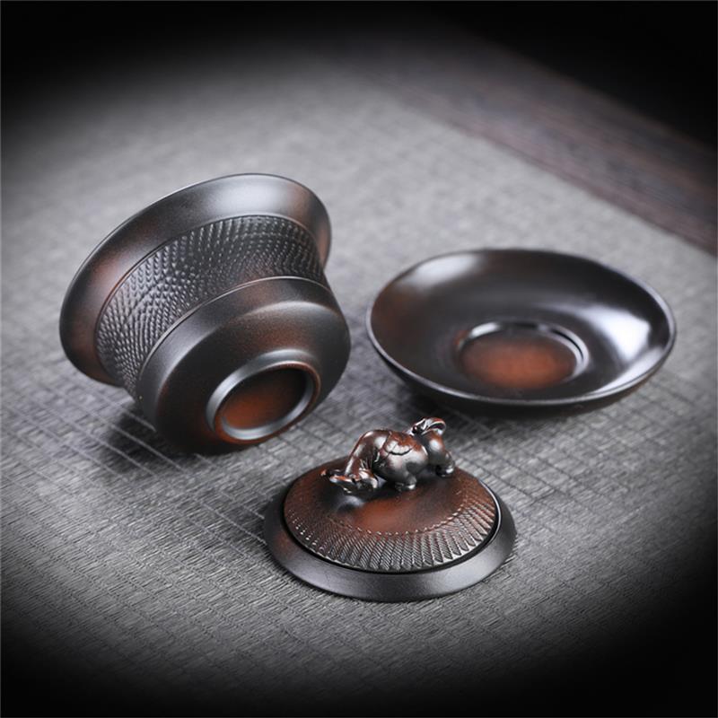 高端紫陶盖碗茶具旋转单个不烫手悬停建水紫砂陶瓷复古泡茶杯三才