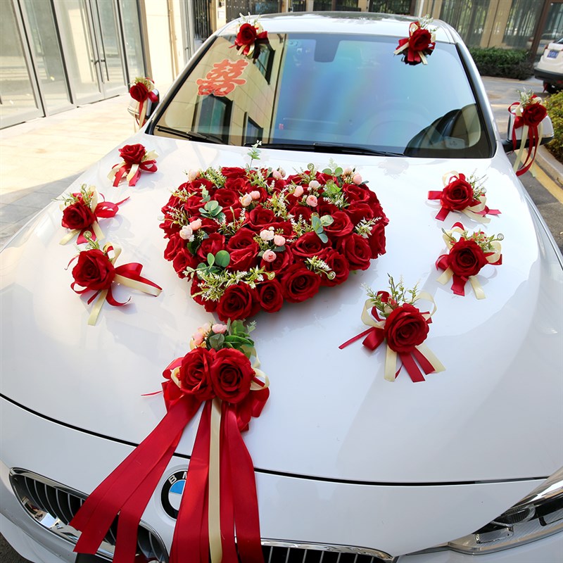红色婚车花中式车花装饰森系心形婚礼主婚车头装饰车队拉花2022
