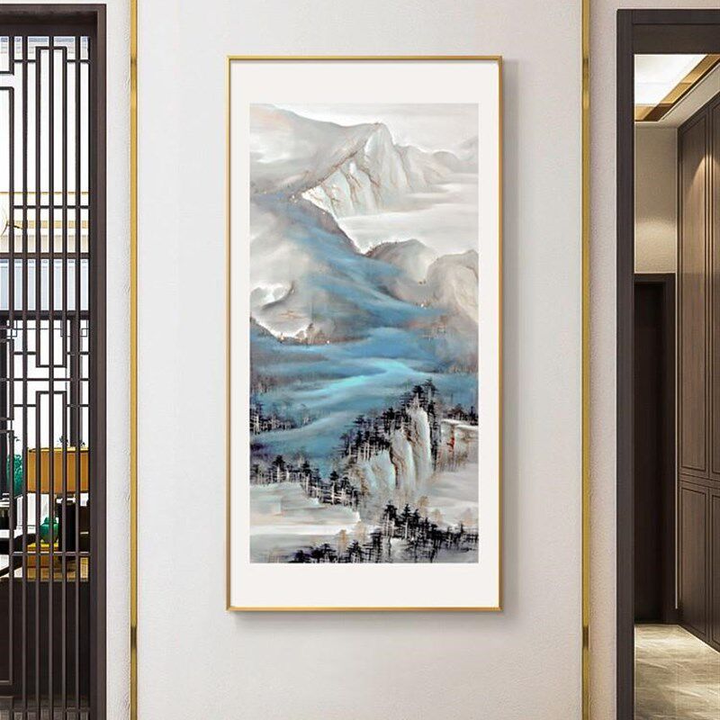 网红笔墨风丹青新中式玄关挂画竖版水墨水景走廊过道壁画大气装饰