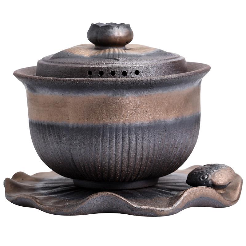 鎏金粗陶盖碗复古手工古早烧铁釉茶碗茶杯三才碗陶瓷功夫茶具