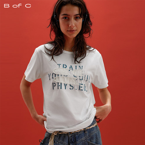 CryingCenter联名bofc 复古字母印花破坏贴布绣短袖Tee PHYS.ED.