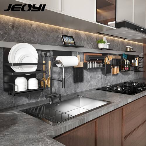 JEOYI免打孔厨房置物架多功能家用调味瓶收纳架壁挂锅盖架碗碟架