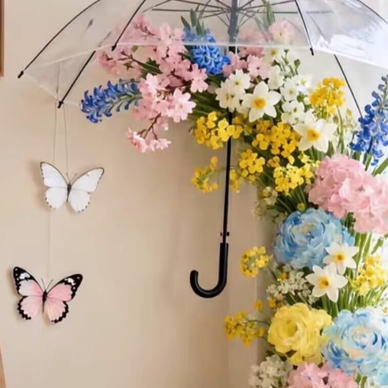 透明花伞DIY材料包春日装饰摄影道具悬浮花束蝴蝶挂饰