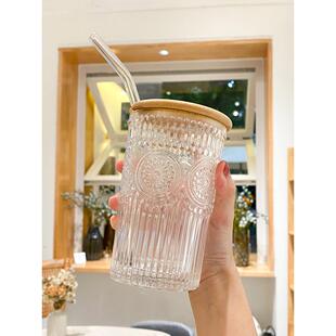 德国食品级玻璃杯女夏季浮雕玻璃吸管喝水杯子咖啡牛奶杯高颜值带