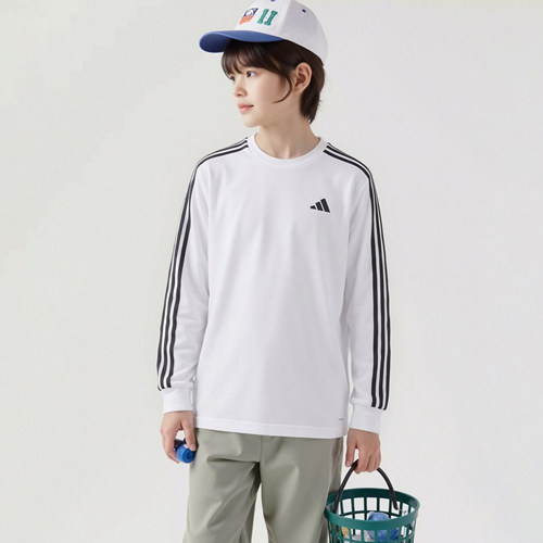 adidas阿迪达斯儿童秋三条纹经典宽松舒适运动休闲长袖T恤LD3857