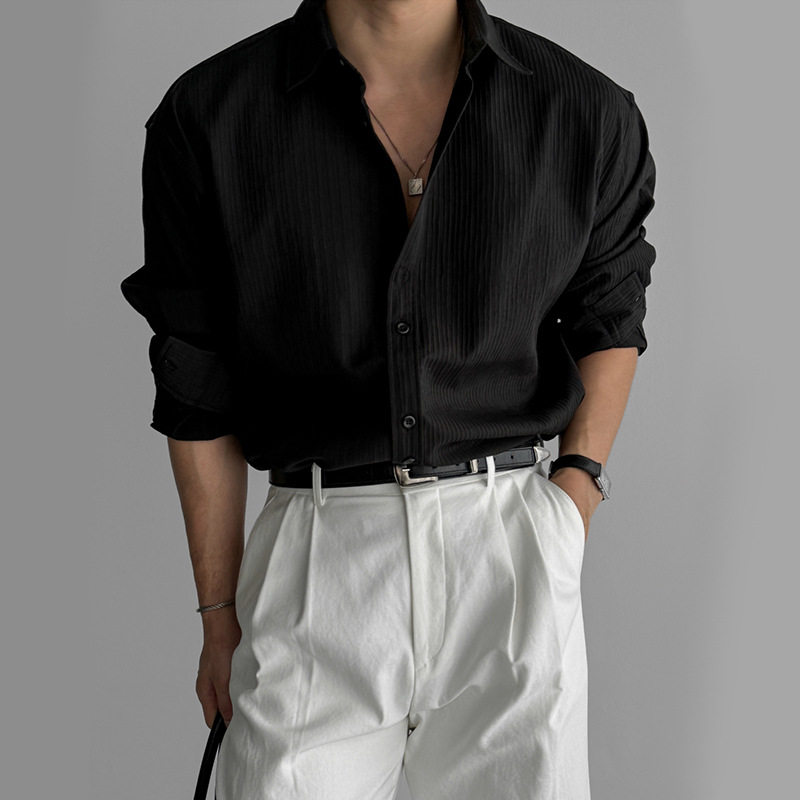 翻领坑条纹理长袖衬衫男士休闲商务衬衣高级感垂感轻熟风百搭上衣