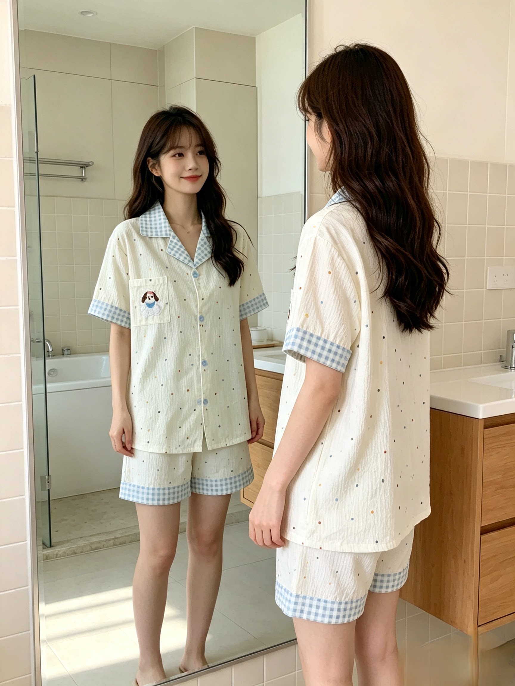 夏季云朵棉撞色小狗睡衣套装女