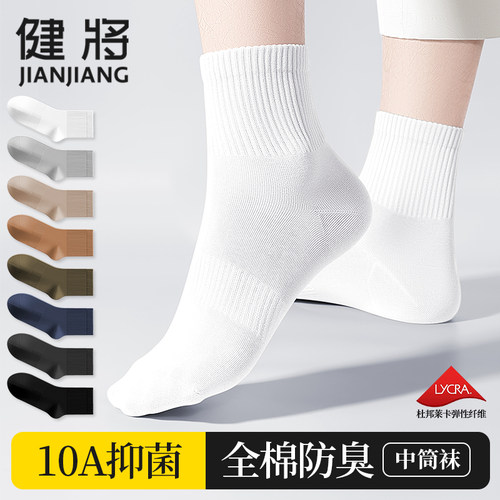 健将纯棉防臭吸汗男士运动中筒袜