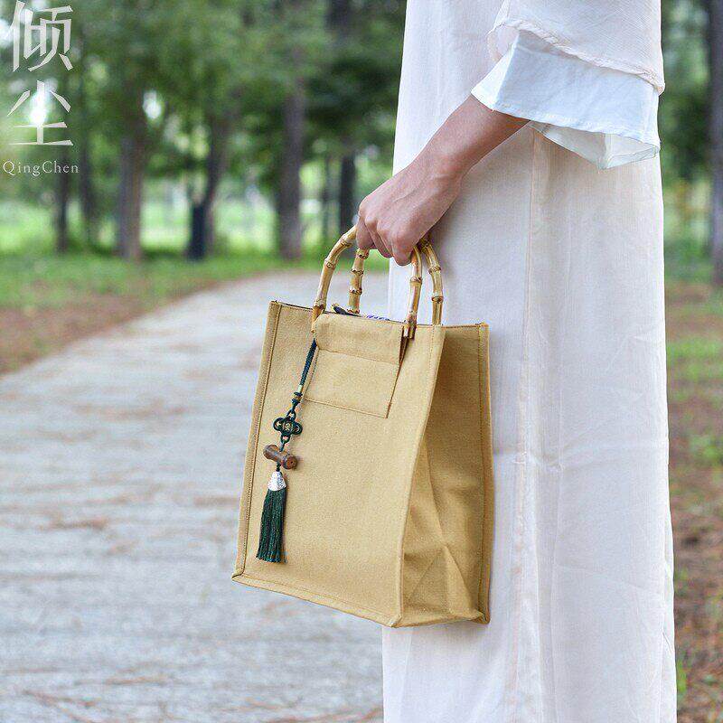 竹鞭纯色麻布袋文艺棉麻袋森系亚麻袋子简约帆布手拎袋环保购物袋