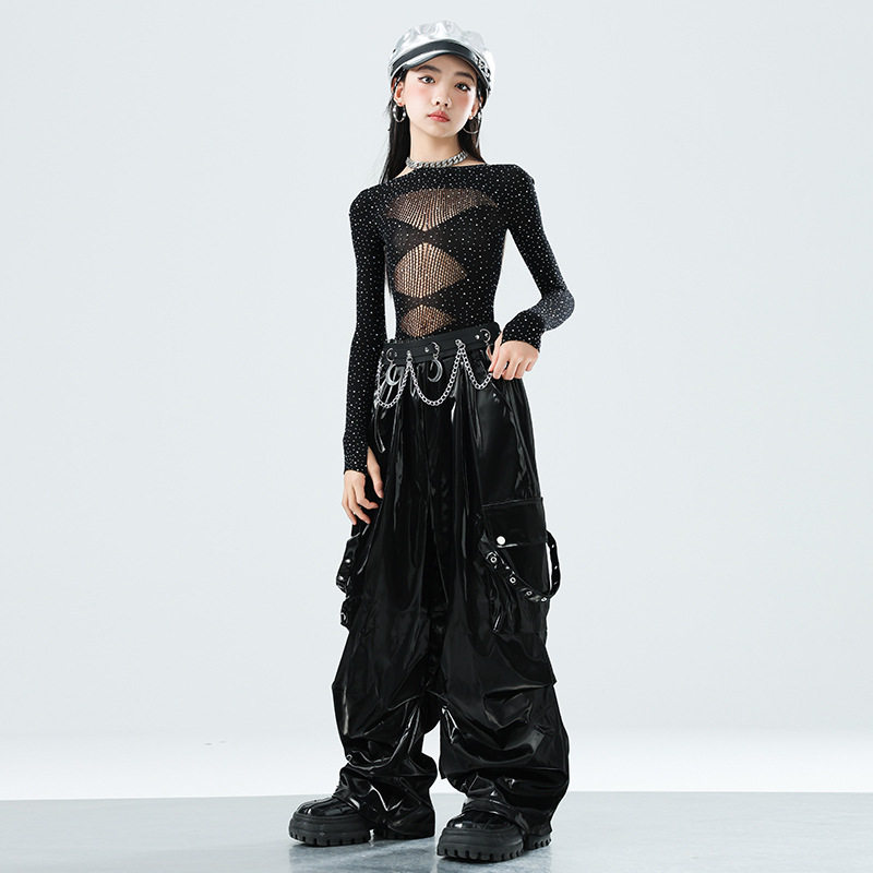 2026新款少儿爵士舞服装露脐网纱上衣皮裤套装jazz女童街舞潮