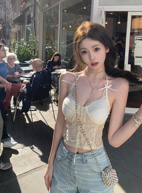 你的懒懒llan【中古情话】复古奢华性感蕾丝花卉蝴蝶结挂脖上衣女