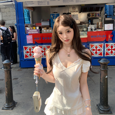 你的懒懒llan蕾丝露肩V领短袖t