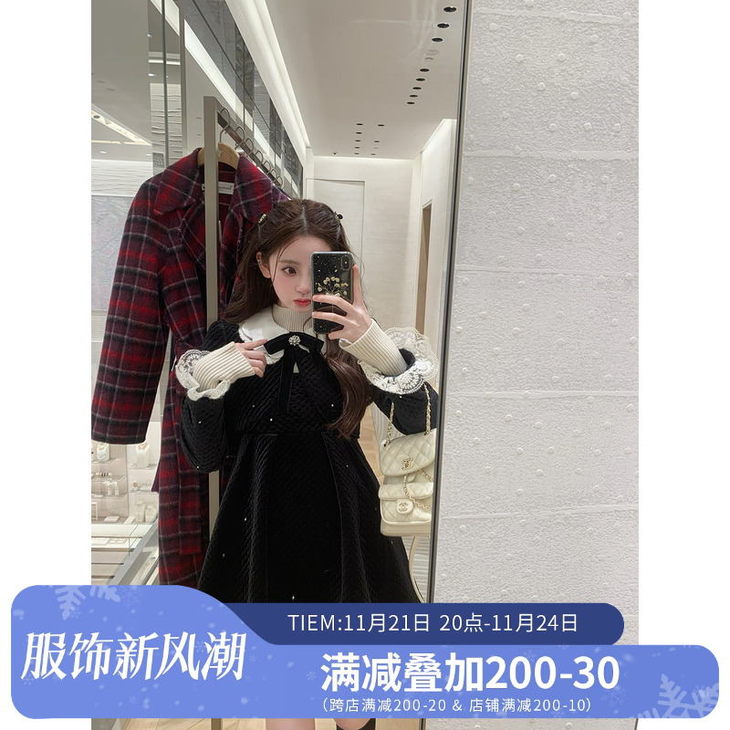 你的懒懒llan 银座千金 黑丝绒蕾丝棉服外套黑色连衣裙女秋冬套装