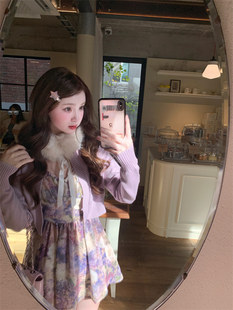 你的懒懒llan 高干文女主 环保毛领碎花连衣裙针织开衫三件套女秋