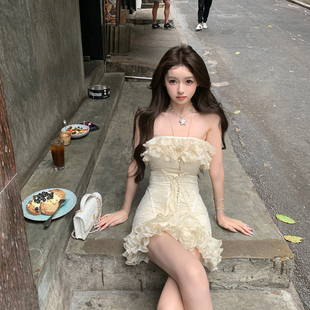 荷叶边蕾丝鱼骨绑带设计拼接网纱连衣裙 统治领域 你 懒懒llan