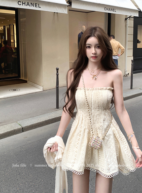 你的懒懒llan【康鹏街31号】蕾丝暗纹抹胸收腰镂空钩花连衣裙女