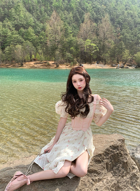 你的懒懒llan 女神裙 重工法式复古温柔印花腰封收腰连衣裙设计感