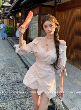 你的懒懒llan【樱岛晴日】氛围感性感小心机露肩刺绣衬衫裙连衣裙