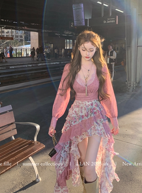 你的懒懒llan【花洛爱神】显腿长性感V领不规则大裙摆蕾丝连衣裙