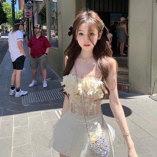 性感抹胸上衣 你 堆叠立体花朵套装 巴黎初雪 半裙 懒懒llan