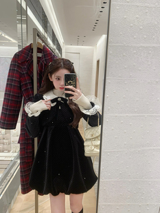 黑丝绒蕾丝棉服外套黑色连衣裙女秋冬套装 银座千金 懒懒llan 你