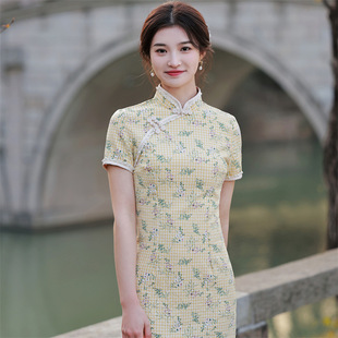 2026新款春夏款花边弹力棉麻中长旗袍连衣裙清新文艺复古改良少女