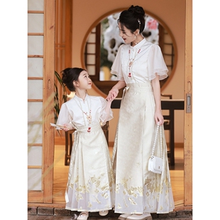 2026新款严选亲子装马面裙套装女童新中式汉服母女款唐装半身裙古