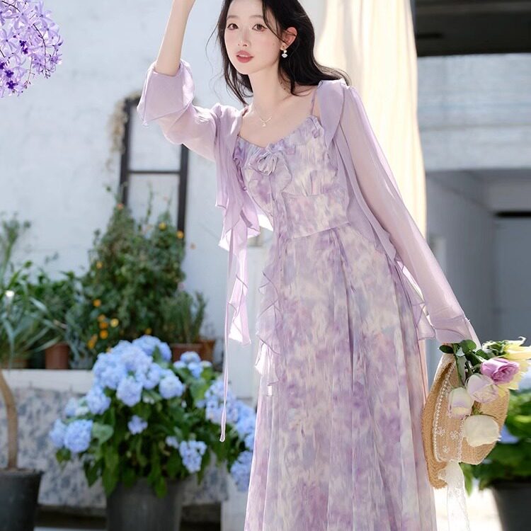 2026春夏新款显瘦短款吊带连衣裙披肩开衫套装