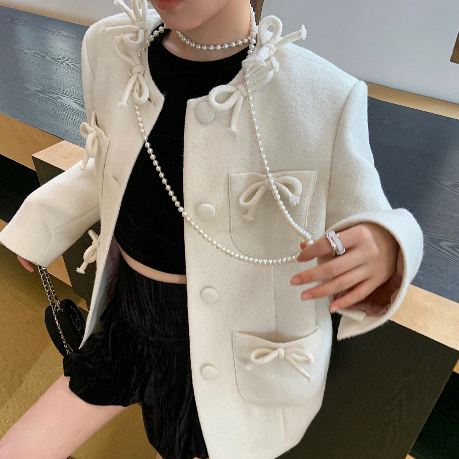 设计师女装轻奢蝴蝶结设计感毛呢大衣2026秋冬收腰外套小个子2128