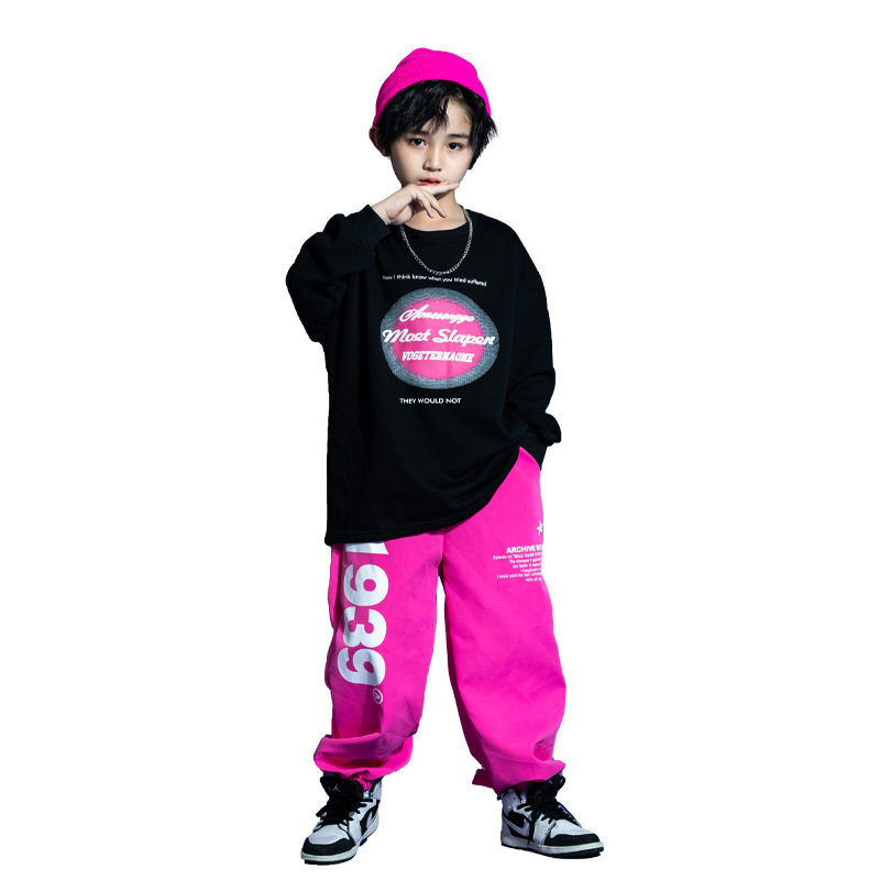 2026新款街舞儿童潮服小学生运动会服装黑色卫衣炸街童装男女套装